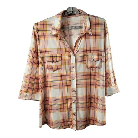 Papermoon Plus Size 3X Plaid Shirt Collared Button Front Orange Pink White Black - Picture 3 of 13